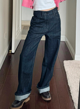 正确版】宅女同款原牛直筒阔腿牛仔长裤女076H显瘦宽松加长拖地裤