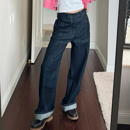 正确版】宅女同款原牛直筒阔腿牛仔长裤女076H显瘦宽松加长拖地裤