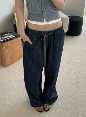 【现货】RARELY轻松抽绳阔腿长裤原牛牛仔裤女宽松显瘦中腰松紧裤