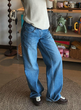 【现货】080L复古浅蓝纯棉水洗做旧中低腰宽松直筒牛仔长裤女新款