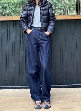 【高端系列】新型植绒面料藏青色弯刀阔腿牛仔裤女秋冬新款加绒裤