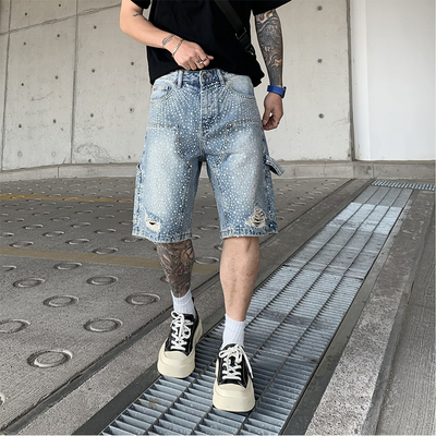 美式高街满钻烫钻牛仔短裤男夏季