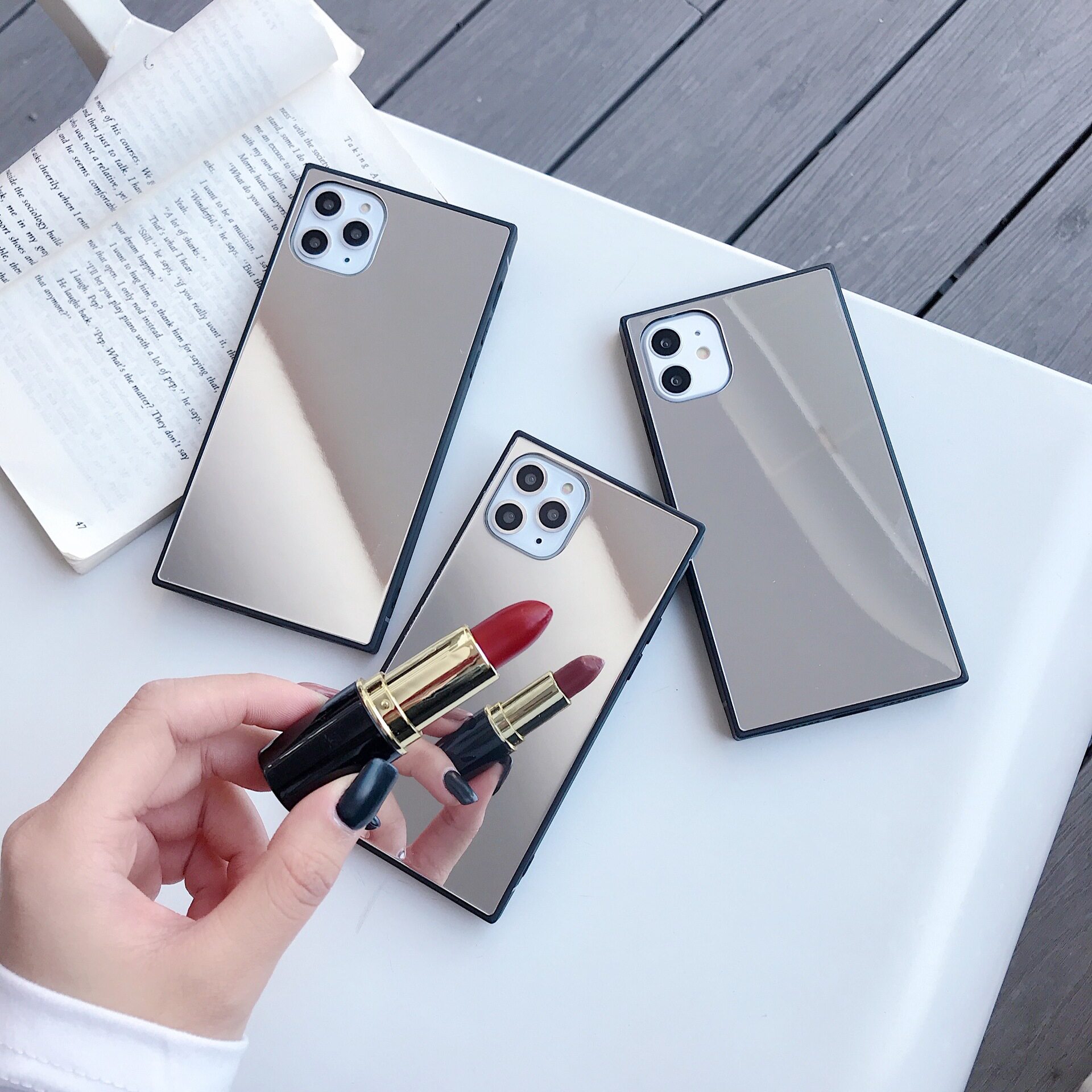 iPhone11方形玻璃手机壳苹果12/X/7plus女神补妆镜面钢化玻璃适用