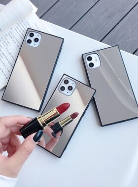 iPhone11方形玻璃手机壳苹果12/X/7plus女神补妆镜面钢化玻璃适用