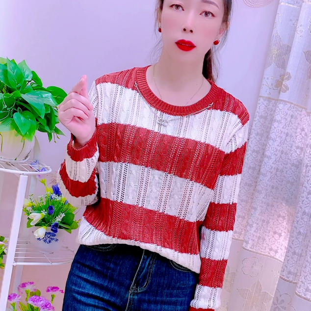 2025早秋韩版新款设计感镂空针织衫女链子装饰条纹慵懒风宽松毛衣