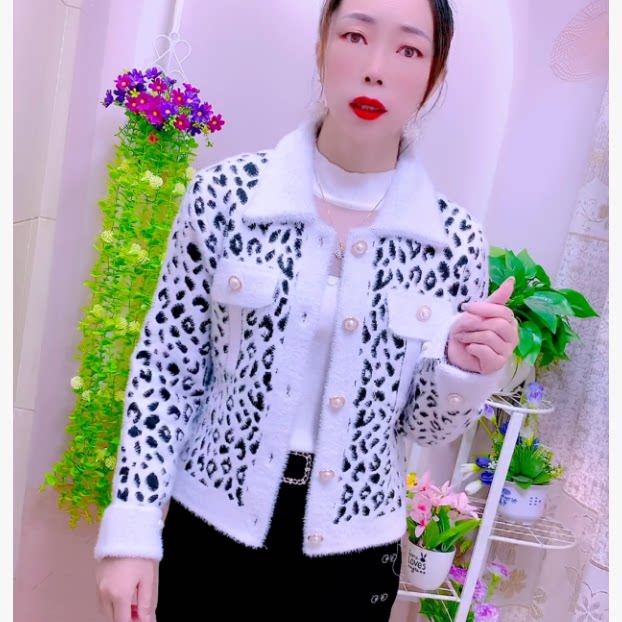 韩版宽松豹纹针织毛衣短款外套女