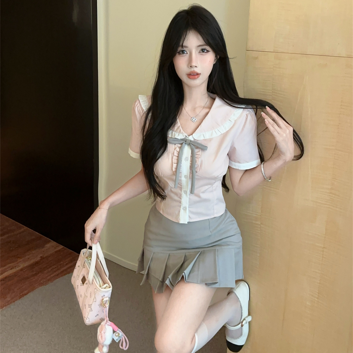 学院风娃娃领粉色衬衫女夏季