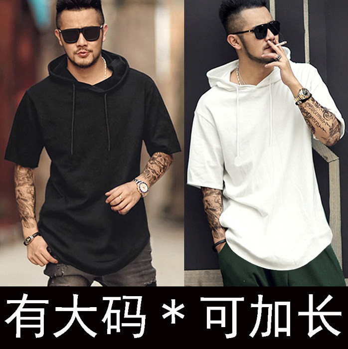 上新#男款夏季薄款短袖连帽卫衫帽衫#纯棉弹力加肥加大码#可加长