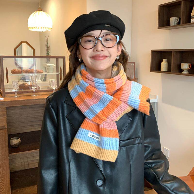 彩虹拼色韩版毛线针织围巾女生冬季INS风加厚保暖围脖学生百搭款