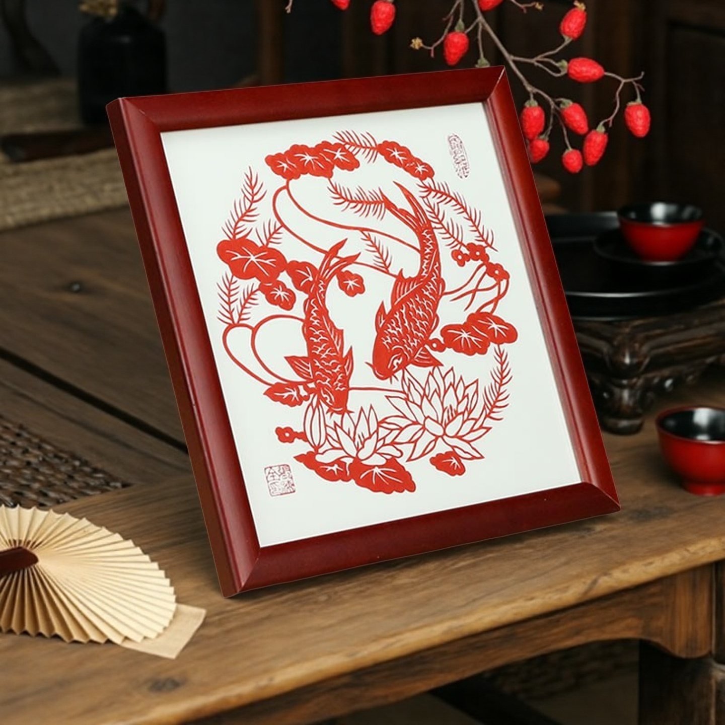 蔚县剪纸作品手工马年剪纸双鱼戏莲剪纸装饰画中国风礼品送老外