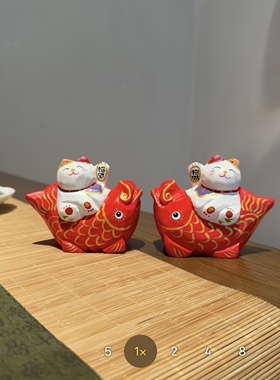年年有余招财猫手工木雕小摆件卡通可爱办公室桌面装饰品喜庆礼物