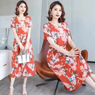 妈妈装 显瘦沙滩大摆裙子 宽松大码 夏季 棉绸连衣裙女气质短袖 中长款
