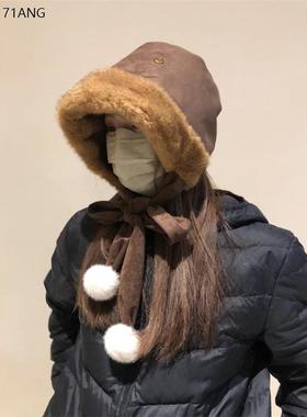韩版ins加厚毛绒雷锋帽女秋冬系带骑行护耳帽防风毛球保暖渔夫帽