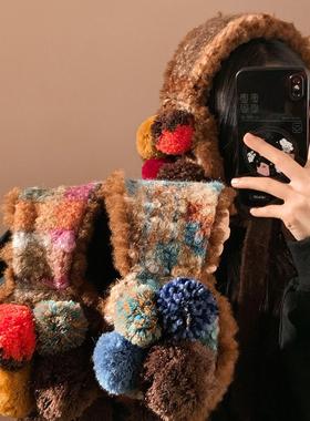 美拉德系~复古咖色毛绒毛球针织耳罩女保暖防寒骑行系带护耳耳暖