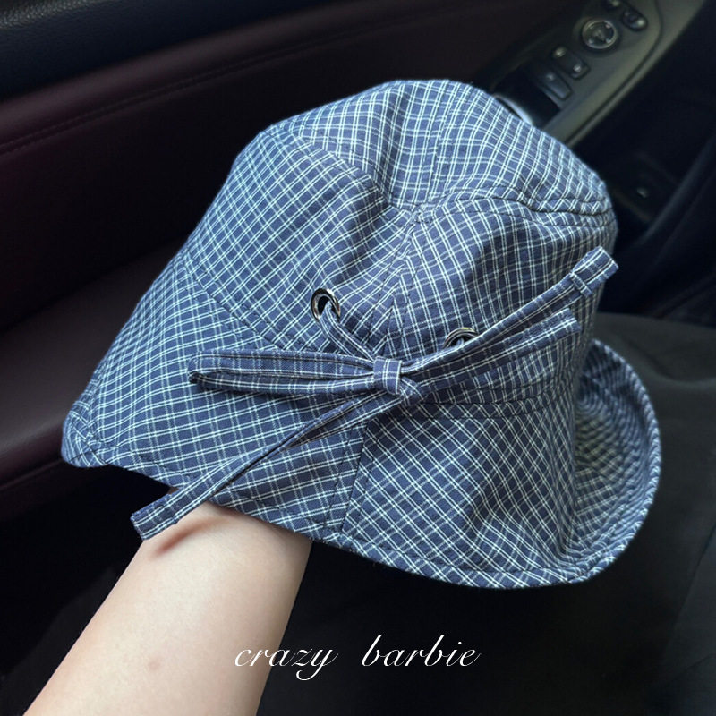 出口日本!miu系甜美藏青格子渔夫帽女新款夏季大檐遮阳防晒盆帽