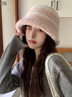 新款多巴胺条纹毛线帽女秋冬款毛绒护耳保暖毛绒绒彩色针织渔夫帽