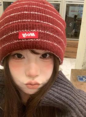 凉芳学院风复古条纹针织毛线帽子秋冬贴布卷边包头保暖冷帽