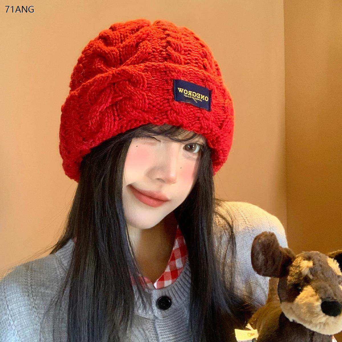 韩版红色针织帽子女秋冬季百搭显脸小堆堆帽大头围宽松保暖毛线帽