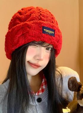 韩版红色针织帽子女秋冬季百搭显脸小堆堆帽大头围宽松保暖毛线帽