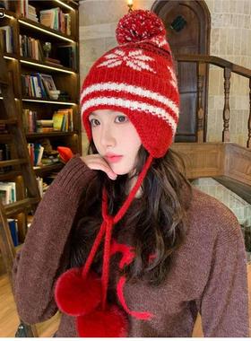 混色毛球复古提花绑带针织帽女户外骑行防寒百搭可爱甜美显脸小
