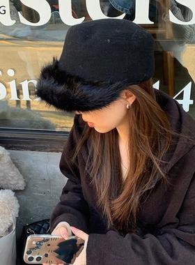 韩国小众设计仿皮草复古平顶帽子女秋冬时尚高级感拼接毛呢马术帽