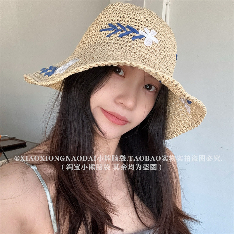 大檐草帽女夏季手工钩花度假沙滩遮阳草编太阳帽甜美百搭显脸小帽