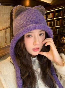 撞色小熊耳朵后开叉绑带针织帽女简约可爱显脸小保暖护耳毛线帽