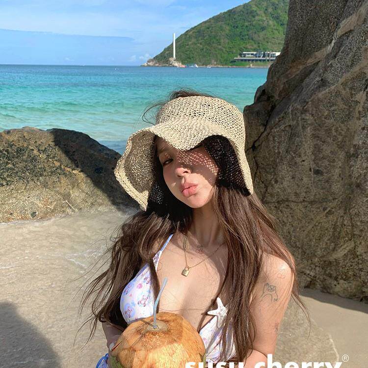 可卷可凹造型~海边度假咸草镂空空顶草帽女夏季大帽檐遮阳草编帽