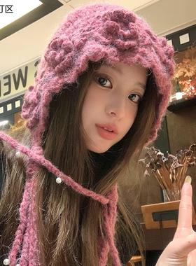 落雪白100纯手工帽子女冬2025新款羊毛流苏毛线帽绑带护耳雷锋帽