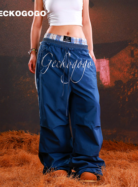 GECKOGOGO美式复古双腰头抽绳宽松阔腿垂感工装伞兵蓝色运动裤