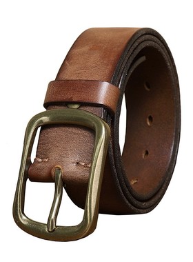 Gecko牛仔裤搭配款复古手工擦色百搭铜扣皮带纯牛皮