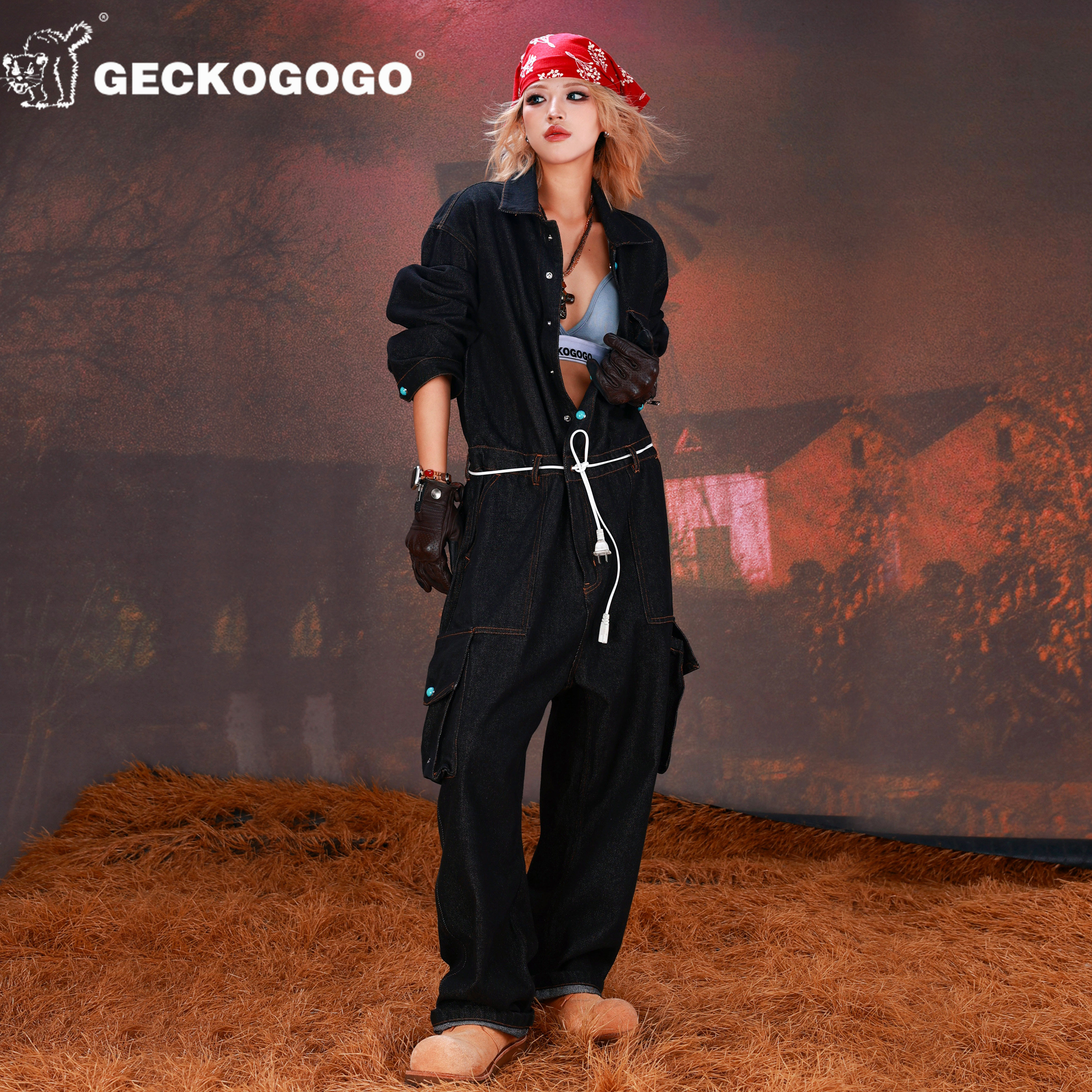 GECKOGOGO美式复古街头原牛夹克连体工装裤水洗松弛丹宁牛仔套装