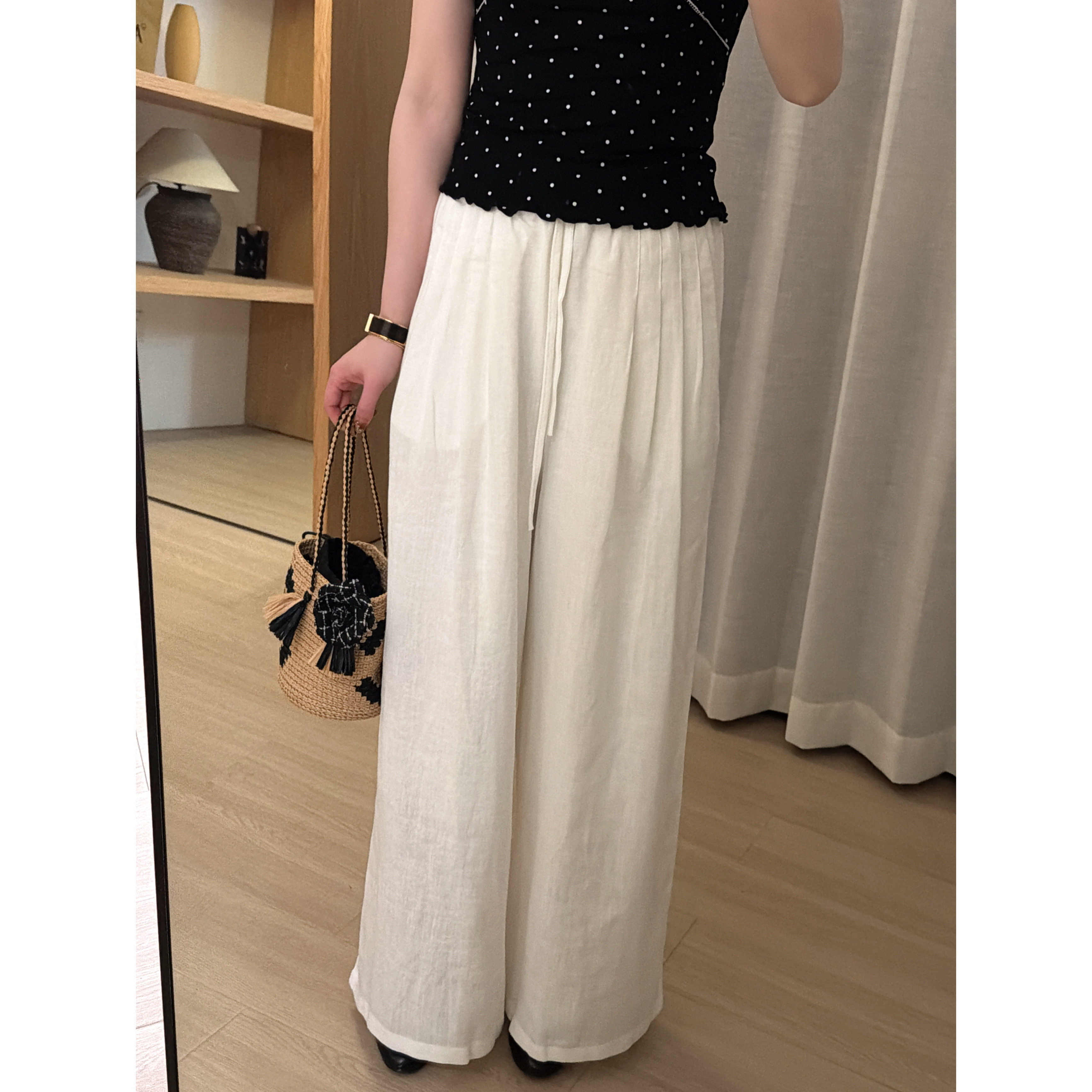 【吉满】自制款松弛随性压褶苎麻高腰松紧腰麻料长裤3148