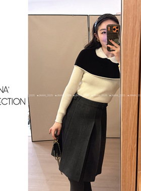 【吉满】千金感miu系小香拼色羊毛混纺修身假两件针织打底衫JM301