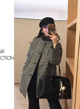 【吉满】自制款经典圆领英伦黑白格夹90绒毛呢外套JM3049