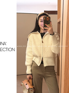 【吉满】自制款大翻领双拉链圈圈羊毛加厚毛衣开衫JM2996