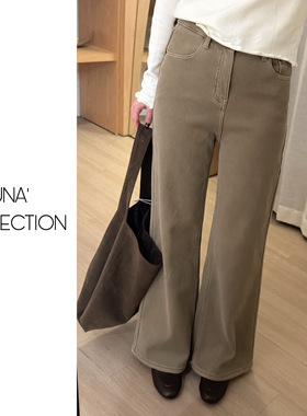 【吉满】自制款四面弹冬款加绒奶茶系高腰微喇直筒牛仔裤JM2995