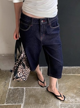 LOOP ME 牛仔直筒五分裤美式高街低腰牛仔裤红色缝线中裤女夏薄款