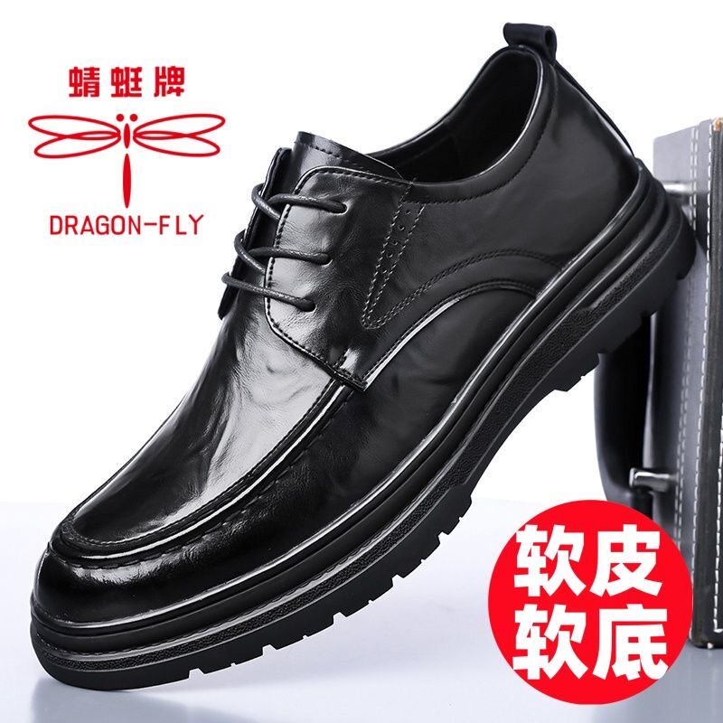 蜻蜓牌男鞋正品2025新款春秋男士真皮商务休闲皮鞋男圆头系带单鞋