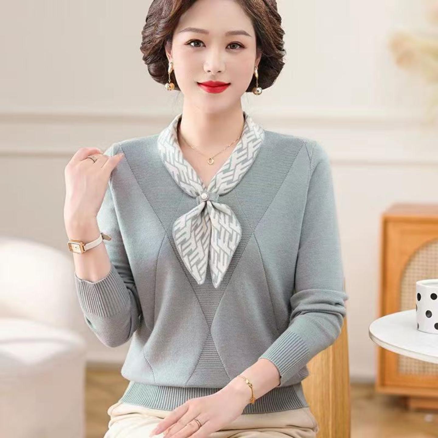 秋季女士针织衫圆领套头妈妈毛衣洋气中老年女式打底小衫上衣新款