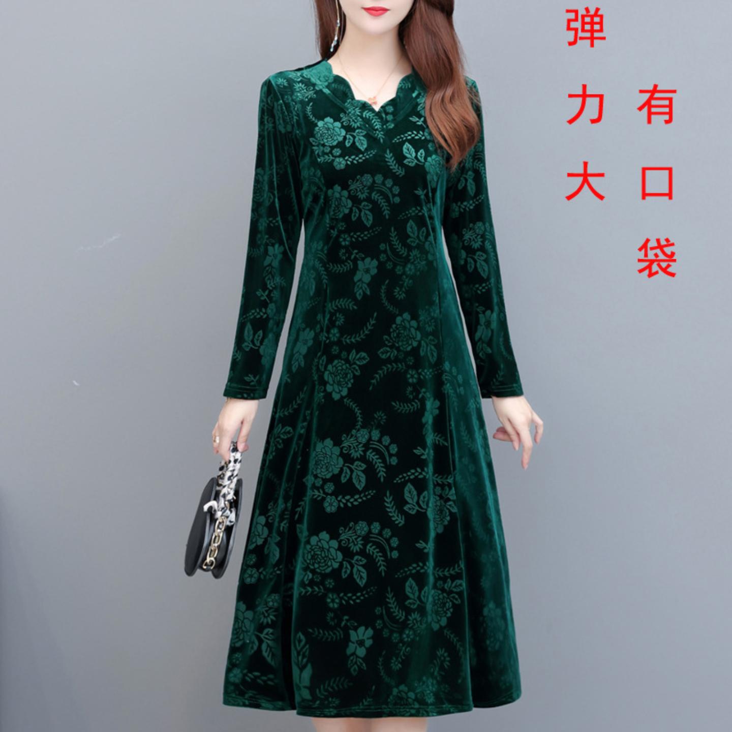 大码秋装中年妈妈金丝绒连衣裙