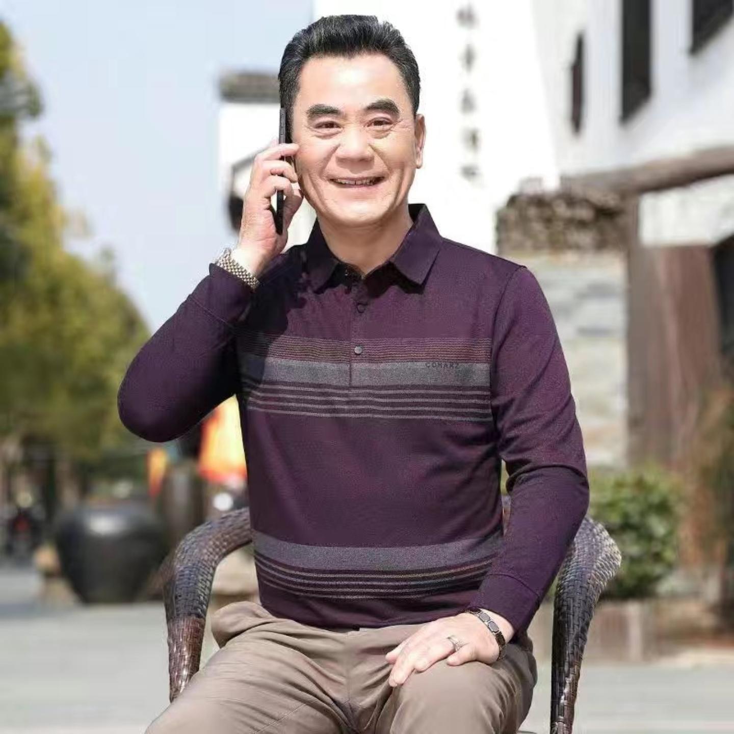 男士棉T恤中老年长袖体恤衫爸爸
