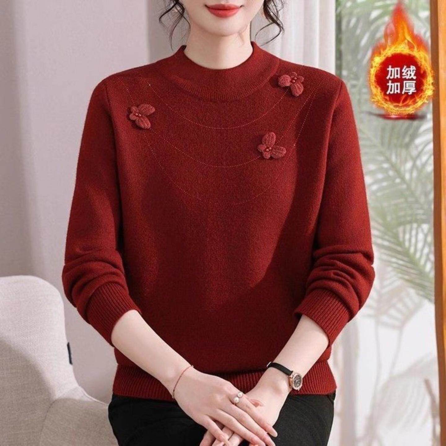 冬季加绒妈妈毛衣圆领加厚中年