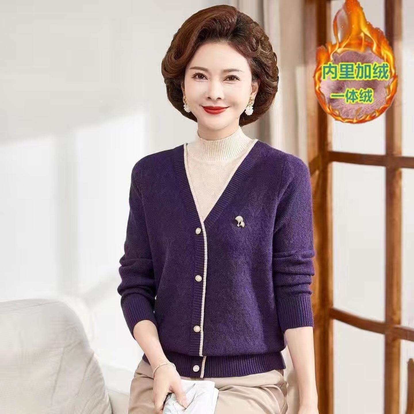 冬季妈妈装加绒毛衣针织衫女士