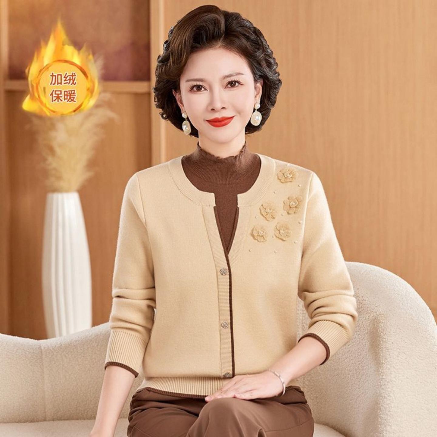 冬季加绒妈妈毛衣中老年加厚女士