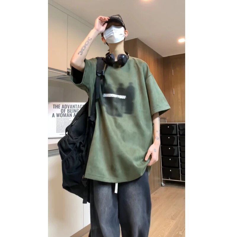 美式复古百搭宽松重磅麂皮绒T恤男高街嘻哈夏季短袖ins潮牌情侣款