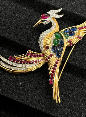 售罄vintage中古50~60'S绝版 BOUCHER凤尾天堂鸟琉璃水钻夸张胸针