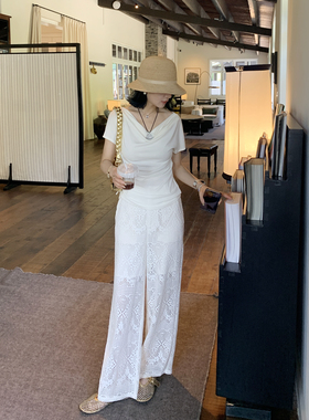 theloe蕾丝镂空钩花白色裤子女夏季新款针织钩针休闲裤阔腿裤长裤