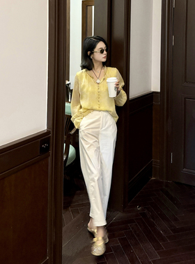 Theloe骆衣衣小个子高腰白色九分裤夏季休闲裤显瘦直筒裤薄款裤子