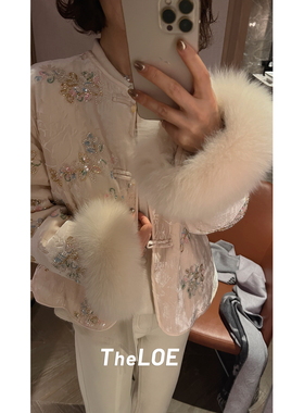 骆衣衣TheLOE/90白鹅绒新中式显气质袖口狐狸毛轻羽绒外套
